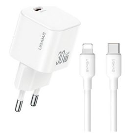   USAMS JO hálózati töltő Type-C aljzat 30W, PD gyorstöltő + lightning kábel, FEHÉR