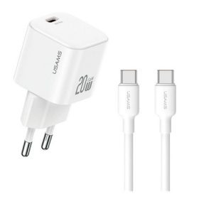  USAMS JO hálózati töltő Type-C aljzat 20W, PD gyorstöltő + Type-C kábel, FEHÉR