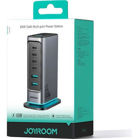 JOYROOM JR-TCM02 hálózati töltő 2 USB+4 Type-C aljzat (65W, GaN, PD gyorstöltő) SÖTÉTSZÜRKE