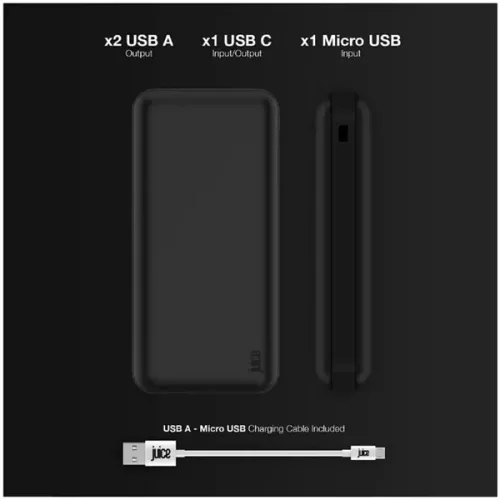 HAFFNER JUICE UNIVERZÁLIS HORDOZHATÓ, ASZTALI AKKUMULÁTOR TÖLTŐ - ECO MAX POWER BANK - 2XUSB +TYPE-C - 20.000 MAH - FEKETE