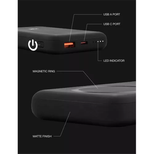 HAFFNER JUICE UNIVERZÁLIS HORDOZHATÓ, ASZTALI AKKUMULÁTOR TÖLTŐ - ECO 3 MAGTEC POWER BANK - USB + TYPE-C - 10.000 MAH - FEKETE