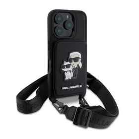   CG MOBILE iPhone 16 Pro KARL LAGERFELD SAFFIANO CROSSBODY STRAP szilikon telefonvédő ütésállóság, kártyatartó, FEKETE