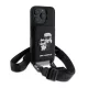 CG MOBILE iPhone 16 Pro KARL LAGERFELD SAFFIANO CROSSBODY STRAP szilikon telefonvédő ütésállóság, kártyatartó, FEKETE