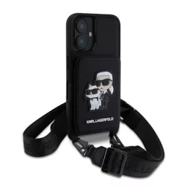   CG MOBILE iPhone 16 KARL LAGERFELD SAFFIANO CROSSBODY STRAP szilikon telefonvédő ütésállóság, kártyatartó, FEKETE