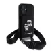 CG MOBILE iPhone 16 KARL LAGERFELD SAFFIANO CROSSBODY STRAP szilikon telefonvédő ütésállóság, kártyatartó, FEKETE