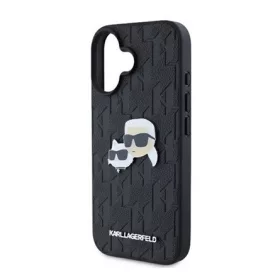   CG MOBILE iPhone 16 KARL LAGERFELD MONOGRAM KARL & CHOUPETTE HEAD PIN szilikon telefonvédő ütésállóság, bőr hatású hátlap, FEKETE