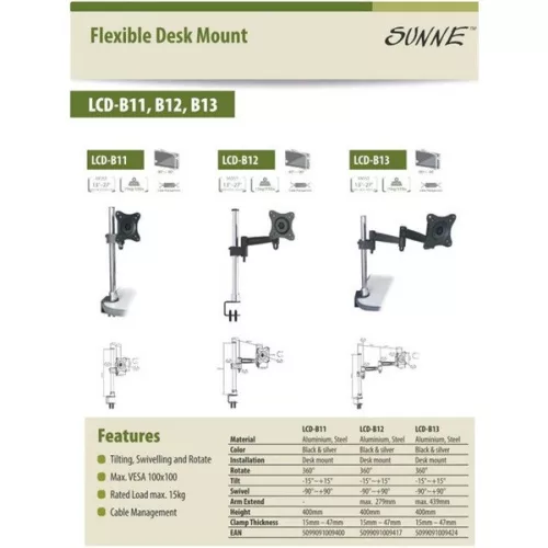 SUNNE (LCD-B11) Monitor asztali konzol, dönthető, forgatható, 13-27"