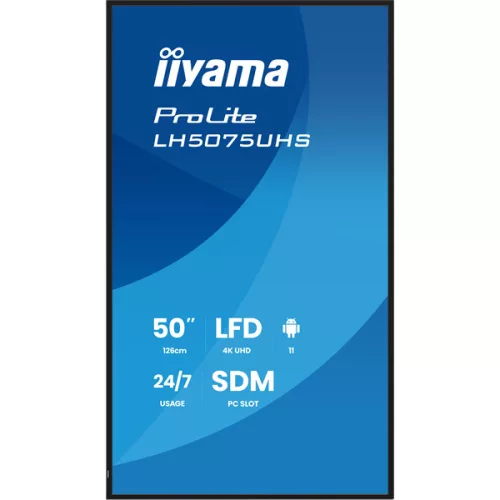iiyama Prolite 24/7 49,5", 3840x2160,16:9, 500cd/m2, 9,5ms,5000:1, HDMIx3/DPx2/USBx2/RS232C/RJ45/IR LH5075UHS-B2AG