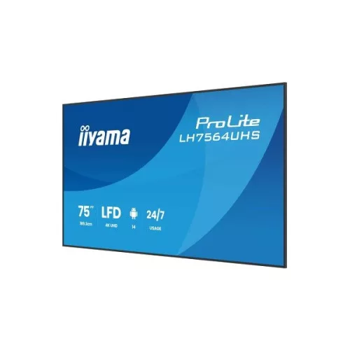 iiyama Prolite LFD 24/7 75" LH7564UHS-B1AG, 3840x2160, 16:9, 500cd/m2, 6,5ms,5000:1, HDMIx2/USB-C/USBx2/RS232C/RJ45/IR