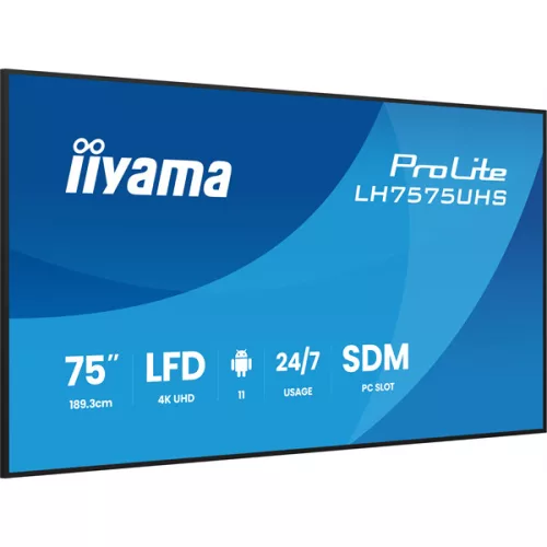 IIYAMA ProLite LFD, IPS, 24/7, 75", 3840x2160, 16:9, 500 cd/m˛, 8ms, 1200:1, HDMIx3/DisplayPort/USB/RS-232C/RJ45/IR