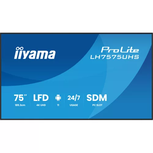 IIYAMA ProLite LFD, IPS, 24/7, 75", 3840x2160, 16:9, 500 cd/m˛, 8ms, 1200:1, HDMIx3/DisplayPort/USB/RS-232C/RJ45/IR