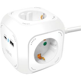   Logilink 4-utas töltőkocka, 4x aljzat, 1x USB-C PD 20W, 1x USB-A QC 18W, fehér