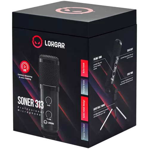 LORGAR Soner 313, Gaming Microphones, Black, USB condenser microphone with Volume Knob & Echo Kob, including 1x Microphone, 1 x 2.5M USB Cable, 1 x Tripod Stand, 1 x User Manual, body size: Φ4...
