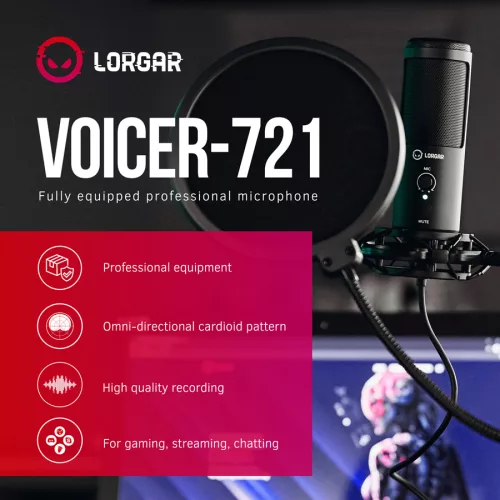LORGAR Voicer 721, Gaming Microphone, Black, USB condenser microphone with tripod stand, pop filter, including 1 microphone, 1 Height metal tripod, 1 plastic shock mount, 1 windscreen cap, 1,2...