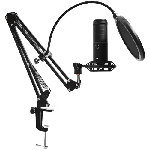 LORGAR Voicer 931, Gaming Microphone, Black, USB condenser microphone with boom arm stand, pop filter, tripod stand. including 1* microphone, 1*Boom Arm Stand with C-clamp, 1*shock mount, 1*po...