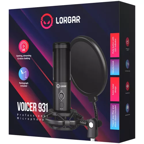 LORGAR Voicer 931, Gaming Microphone, Black, USB condenser microphone with boom arm stand, pop filter, tripod stand. including 1* microphone, 1*Boom Arm Stand with C-clamp, 1*shock mount, 1*po...