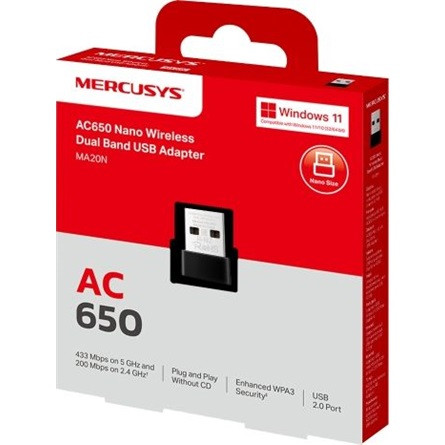 Mercusys MA20N Nano AC650 633Mb/s USB-A Dual-Band hálózati adapter