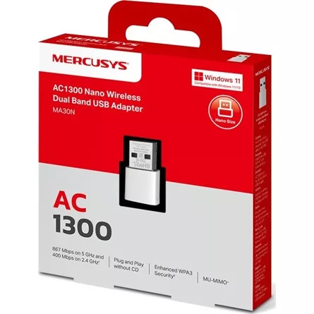 Mercusys Hálózati adapter WiFi AC1300 - MA30N (867Mbps 5GHz + 400Mpbs 2,4GHz; USB2.0; WPA3)