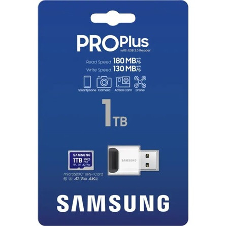 Samsung 1024GB PRO Plus UHS-1 Class10 U3 V30 A2 microSDXC memóriakártya + kártyaolvasó BOX fehér-kék