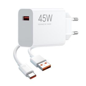   XIAOMI hálózati töltő USB aljzat 45W, gyorstöltő + Type-C kábel, FEHÉR