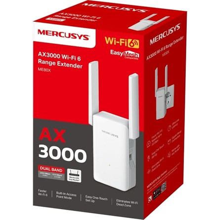 Mercusys Range Extender WiFi AX3000 - ME80X (2402Mbps 5GHz + 574Mbps 2,4GHz; 1x1Gbps; 2 állítható antenna; WPS)
