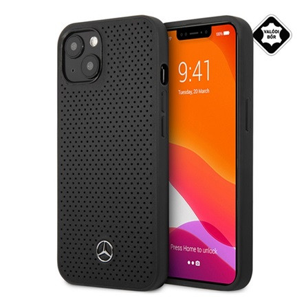 CG Mobile iPhone 13 MERCEDES-BENZ LEATHER PERFORATED műanyag telefonvédő valódi bőr hátlap, lyukacsos, FEKETE