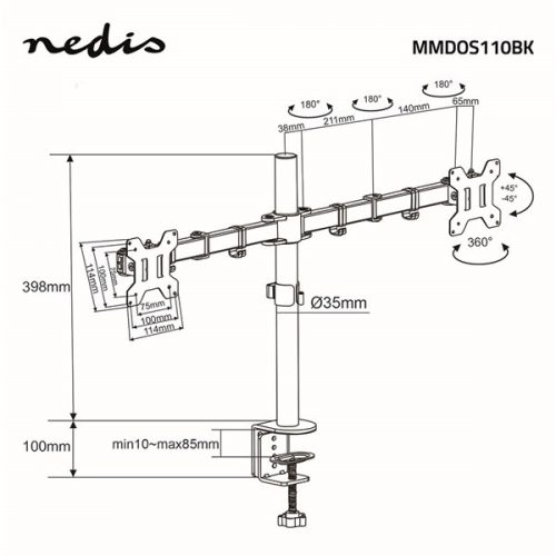 Nedis MMDOS110BK 15"-32" asztali 2 monitor tartóállvány, maximum 8 kg, forgatható dönthető, acél, fekete