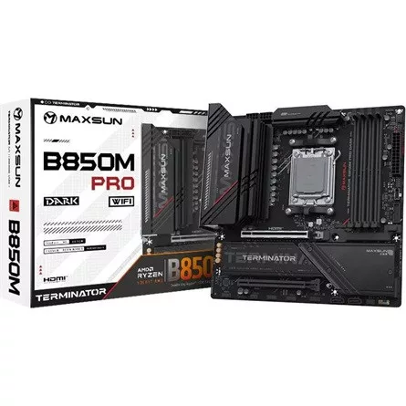 Maxsun Alaplap - AMD MS-TERMINATOR B850M PRO DARK WIFI AM5 (B850, mATX, 4xDDR5 8000MHz, 2xSATA3, 3xM.2, HDMI, DP)