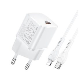   HOCO N10 STARTER hálózati töltő Type-C aljzat 20W, PD gyorstöltő 3.0 + Type-C - lightning kábel, FEHÉR