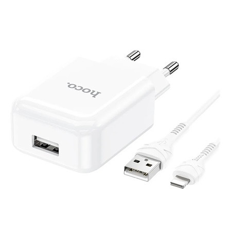 HOCO N2 hálózati töltő USB aljzat 10W, gyorstöltő + lightning kábel, FEHÉR