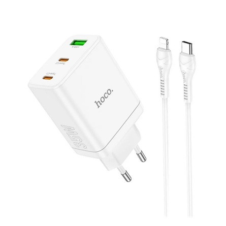 HOCO N33 hálózati töltő USB+2 Type-C aljzat 35W, PD gyorstöltő 3.0 + lightning kábel, FEHÉR