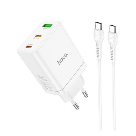 HOCO N33 hálózati töltő USB+2 Type-C aljzat 35W, PD gyorstöltő 3.0 + Type-C kábel, FEHÉR