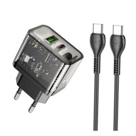   HOCO N34 hálózati töltő USB+Type-C aljzat 20W, PD gyorstöltő 3.0 + Type-C kábel, ÁTLÁTSZÓ