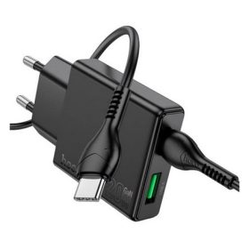   HOCO N38 hálózati töltő USB+Type-C aljzat 20W, vékony, FEKETE