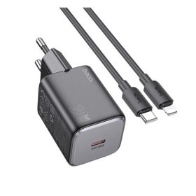   HOCO SPINNER hálózati töltő Type-C aljzat 20W, PD gyorstöltő 3.0 + lightning kábel, FEKETE