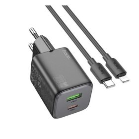   HOCO N41 hálózati töltő USB+Type-C aljzat 20W, PD gyorstöltő 3.0 + lightning kábel, FEKETE