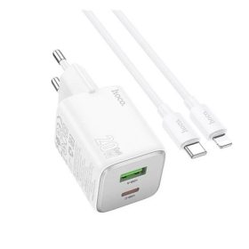  HOCO N41 hálózati töltő USB+Type-C aljzat 20W, PD gyorstöltő 3.0 + lightning kábel, FEHÉR