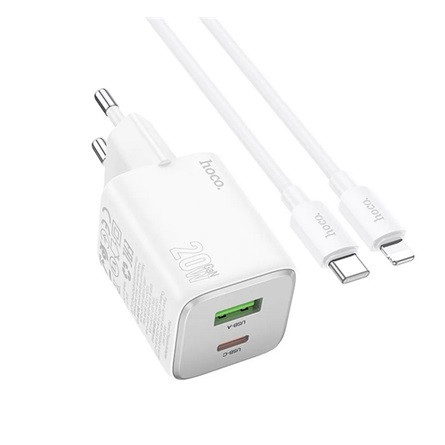 HOCO N41 hálózati töltő USB+Type-C aljzat 20W, PD gyorstöltő 3.0 + lightning kábel, FEHÉR
