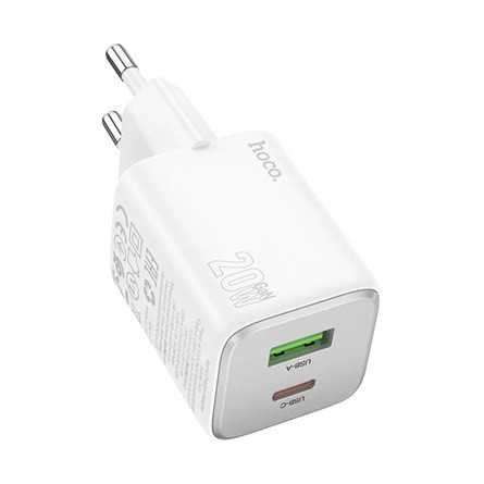HOCO N41 hálózati töltő USB+Type-C aljzat 20W, PD gyorstöltő 3.0, FEHÉR