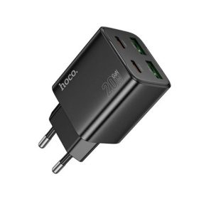   HOCO N55 hálózati töltő 2 USB+2 Type-C aljzat 20W, PD gyorstöltő 3.0, FEKETE