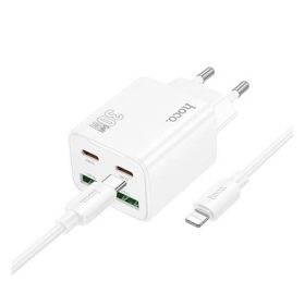   HOCO N56 hálózati töltő 2 USB+2 Type-C aljzat 30W, PD gyorstöltő 3.0 + lightning kábel, FEHÉR