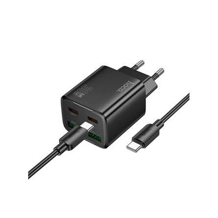 HOCO N56 hálózati töltő 2 USB+2 Type-C aljzat 30W, PD gyorstöltő 3.0 + Type-C kábel, FEKETE