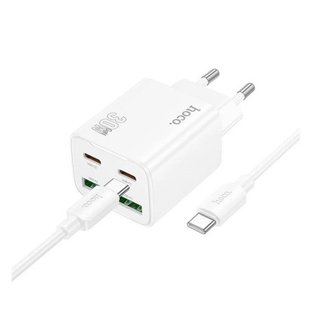 HOCO N56 hálózati töltő 2 USB+2 Type-C aljzat 30W, PD gyorstöltő 3.0 + Type-C kábel, FEHÉR