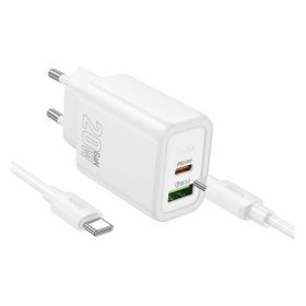   HOCO N61 hálózati töltő USB+Type-C aljzat 20W, PD gyorstöltő 3.0 + Type-C kábel, FEHÉR