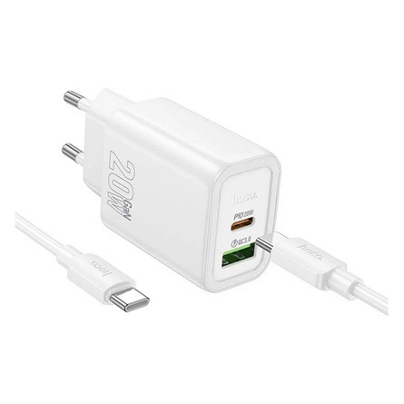 HOCO N61 hálózati töltő USB+Type-C aljzat 20W, PD gyorstöltő 3.0 + Type-C kábel, FEHÉR