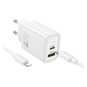   HOCO N63 hálózati töltő USB+Type-C aljzat 30W, PD gyorstöltő 3.0 + lightning kábel, FEHÉR