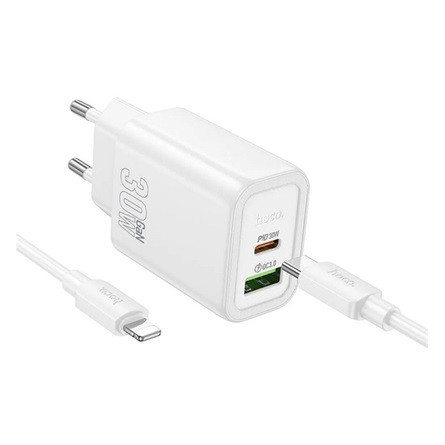 HOCO N63 hálózati töltő USB+Type-C aljzat 30W, PD gyorstöltő 3.0 + lightning kábel, FEHÉR