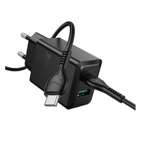   HOCO N71 hálózati töltő USB+Type-C aljzat (30W, PD gyorstöltő 3.0 + Type-C kábel) FEKETE