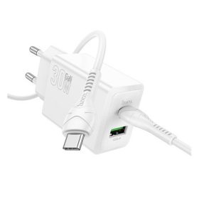   HOCO N71 hálózati töltő USB+Type-C aljzat (30W, PD gyorstöltő 3.0 + Type-C kábel) FEHÉR