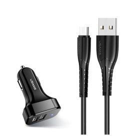   USAMS KING-TU autós töltő 2 USB aljzat 10W + Type-C kábel FEKETE